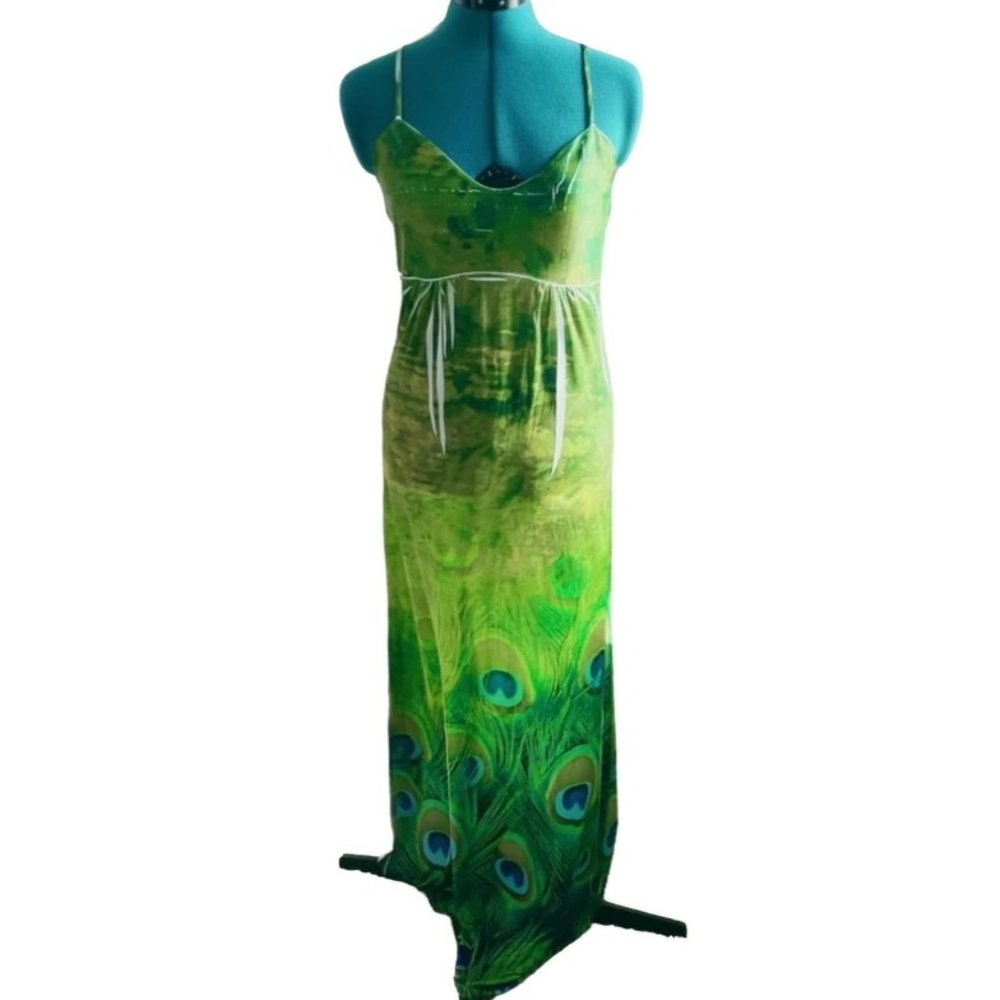 LNWT - Styleworks Stretchy Spaghetti Strap Peacock Print Maxi Dress - M